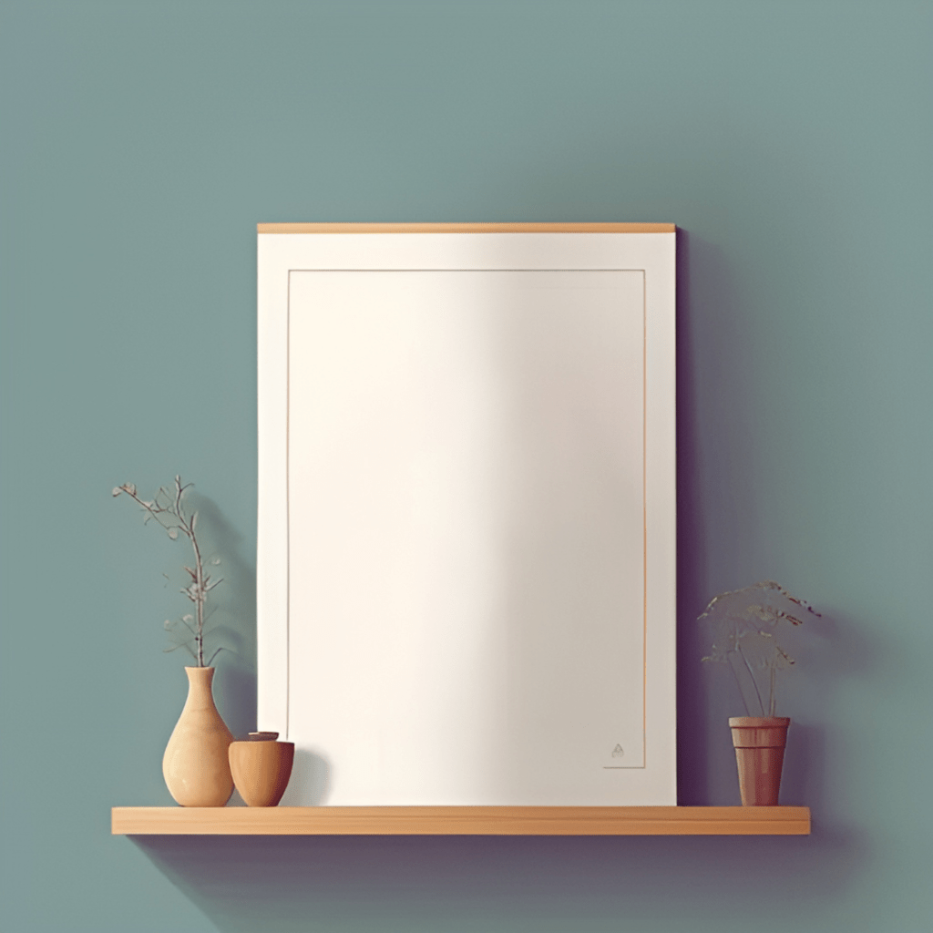 an empty frame sits on top of a shelf in front of a green wall