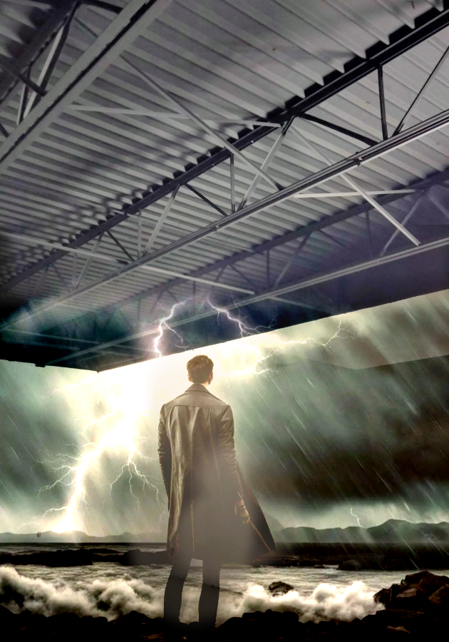 digital design remix, ceiling in black , and man standing against the storm
