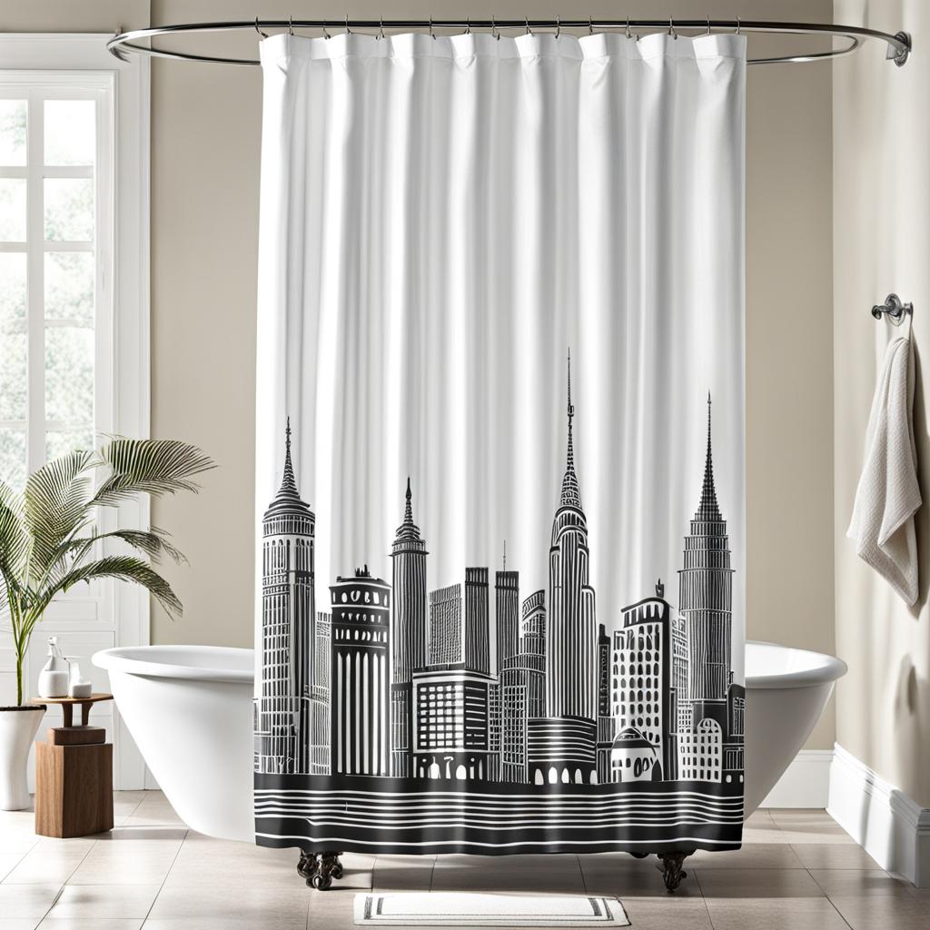 black and white cityscape downtown in line art shower curtain design