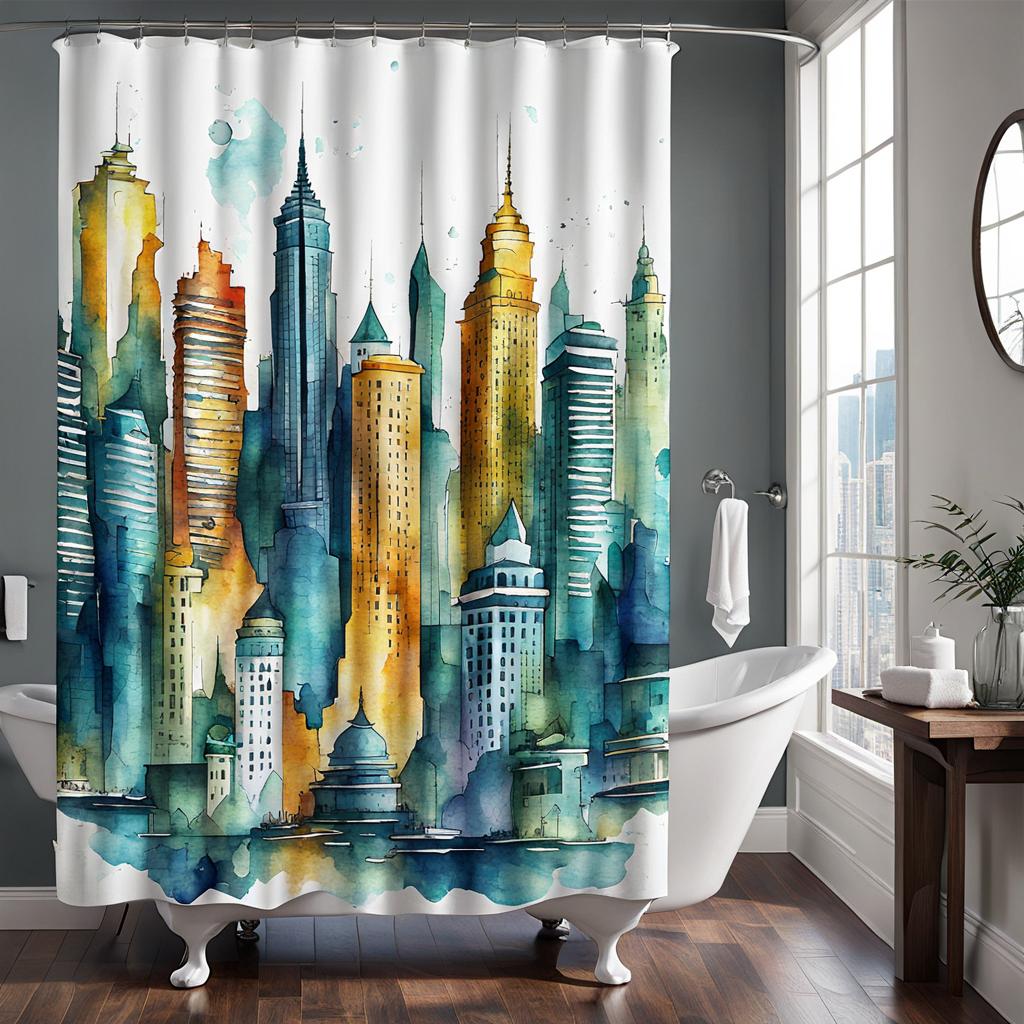 watercolor cityscape on a shower curtain