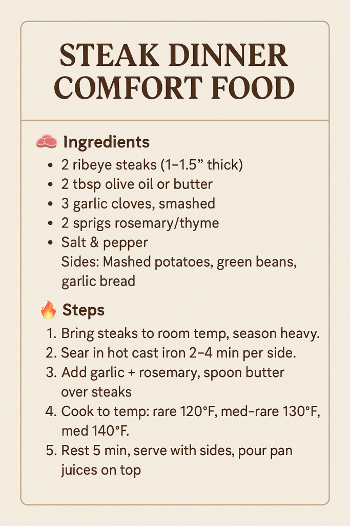 steak dinner recipe card